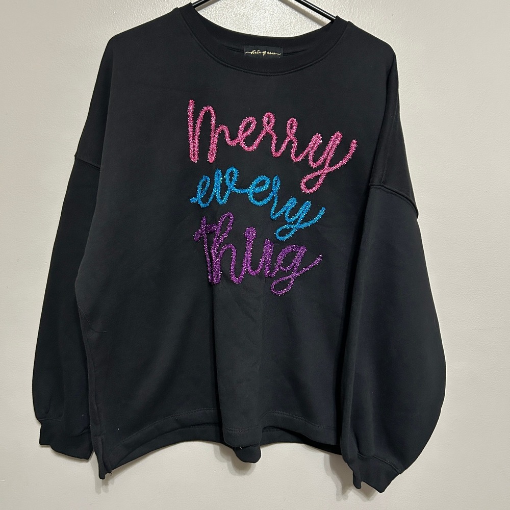 State of Mine Sweatshirt Women XXL Black NEW Merry Everything Sparkle Holiday